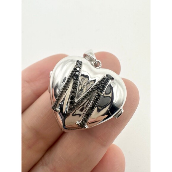 925 sterling silver genuine black diamond initial M heart locket pendant - Picture 1 of 6